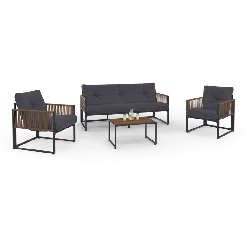 Idmarket - Salon de jardin bas rio 5 places structure métal gris, cordage effet rotin foncé et coussins gris