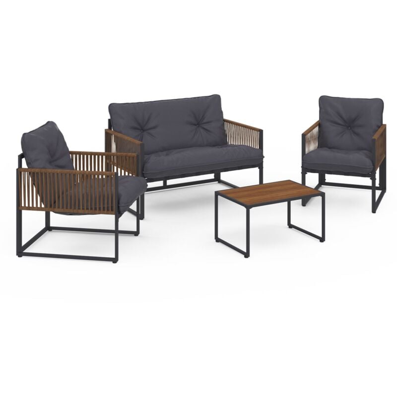 Salon de jardin bas rio 4 places structure métal gris anthracite, cordage rotin et coussins gris