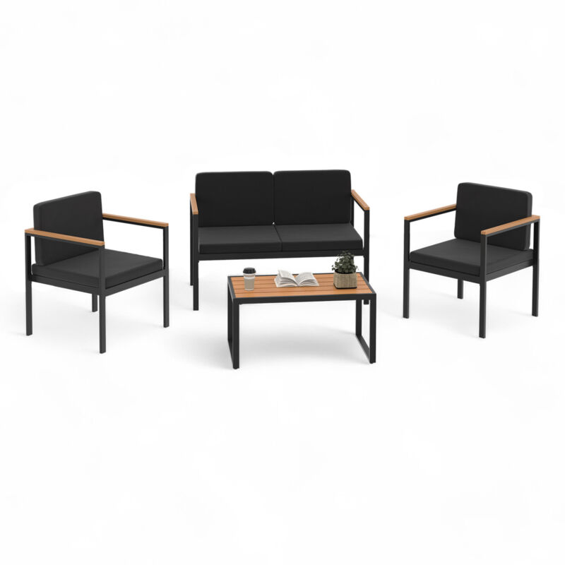 Salon de jardin bas zanzibar 4 places en acier noir et bois