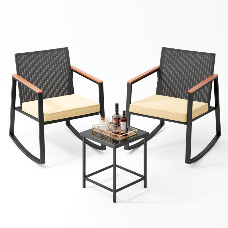 Salon de Jardin Bealife 2 Places Set de Jardin Acier avec Coussin Table Verre Trempé Ensemble de Meuble pour Patio Jardin Extérieur Beige