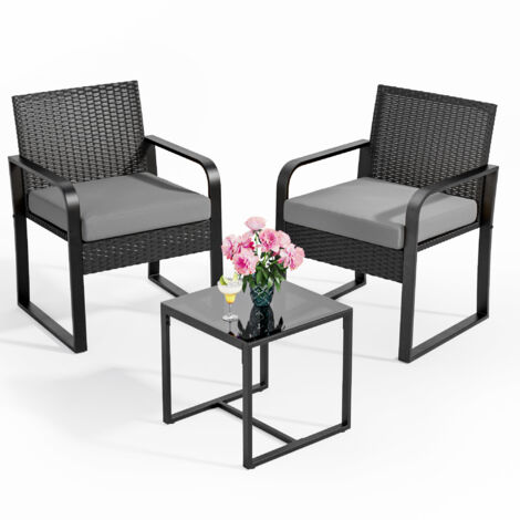 Salon de Jardin Bealife 2 Places Set de Jardin Acier avec Coussin Table Verre Trempé Ensemble de Meuble pour Patio Jardin Extérieur Gris