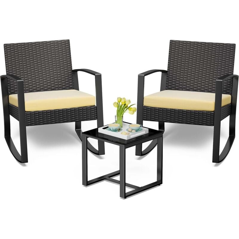 Salon de Jardin Bealife 2 Places Set de Jardin Acier Fauteuil à Bascule avec Coussin Table Verre Trempé Ensemble de Meuble pour Patio Jardin