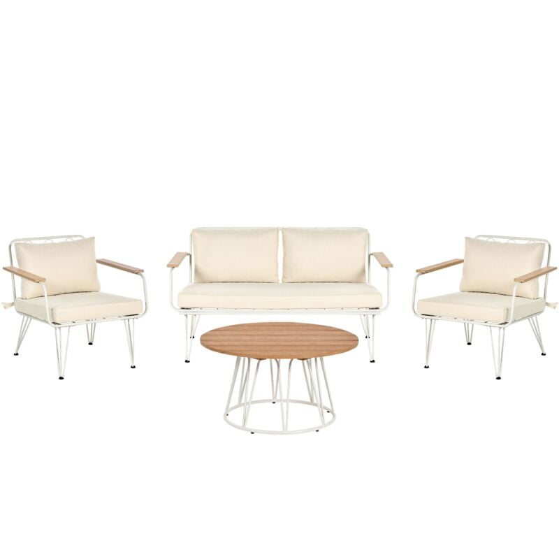 Salon de Jardin Beige et Blanc en Acier 4 Places avec Coussins Montesilvano