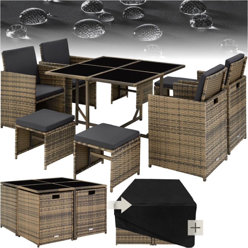 Salon de jardin Pour 4 à 8 personnes avec Plateaux en verre de sécurité Pliable, housse de protection incluse