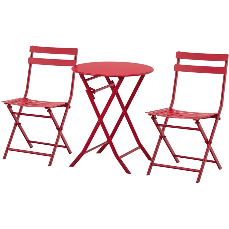 Outsunny - Salon de jardin bistro pliable - table ronde ø 60 cm avec 2 chaises pliantes - métal thermolaqué rouge
