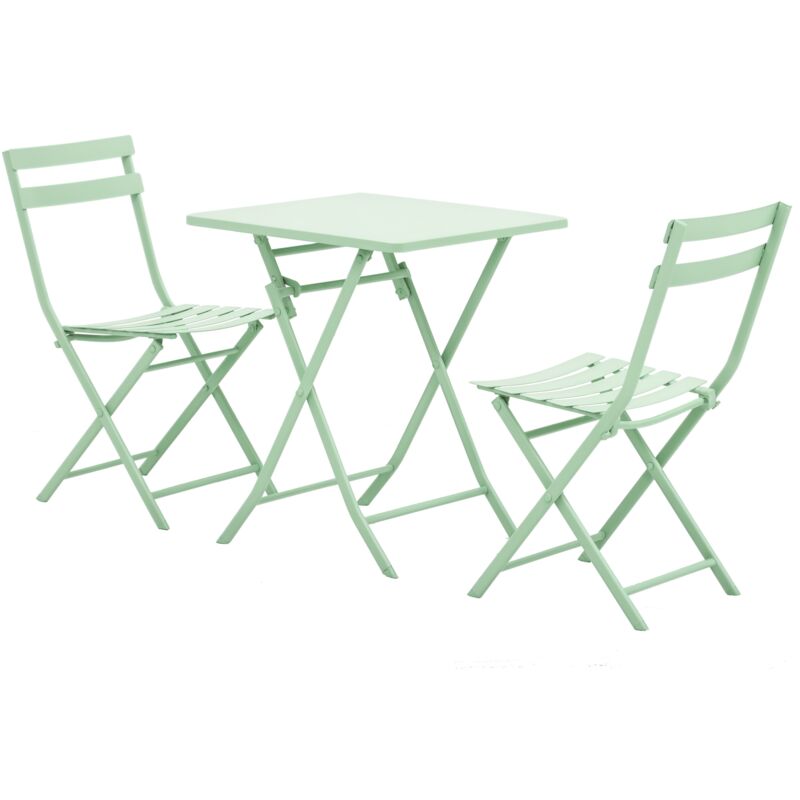 Salon de jardin bistro pliable - table carrée dim. 60L x 60l x 71H cm avec 2 chaises - métal thermolaqué vert d'eau