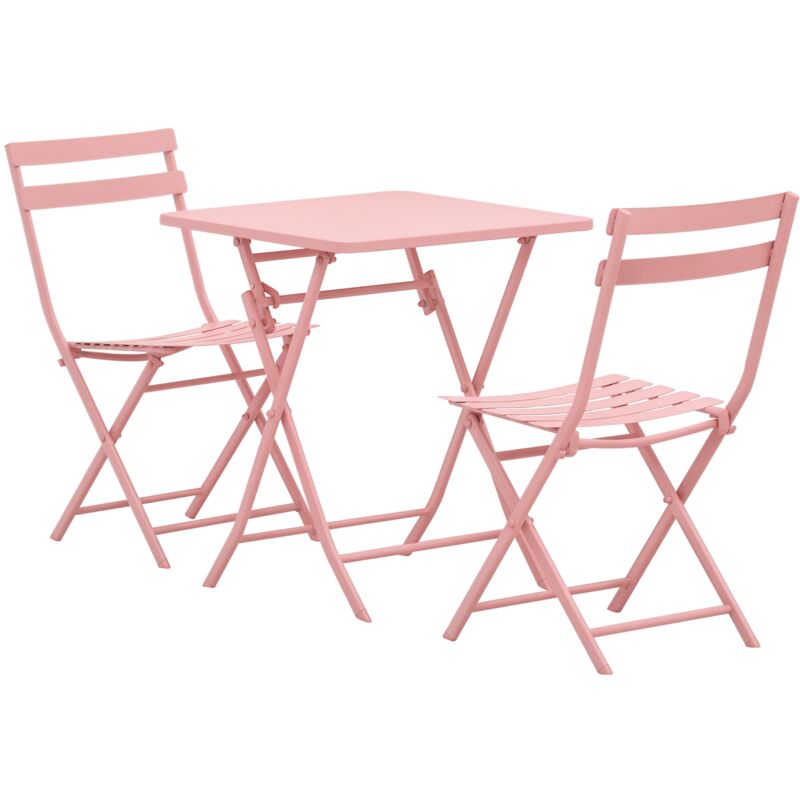 Salon de jardin bistro pliable - table carrée dim. 60L x 60l x 71H cm avec 2 chaises - métal thermolaqué rose