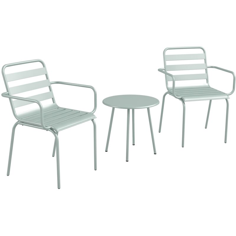 Outsunny - Salon de jardin bistro - table basse ronde ø 60 cm 2 chaises empilables - acier thermolaqué vert de gris