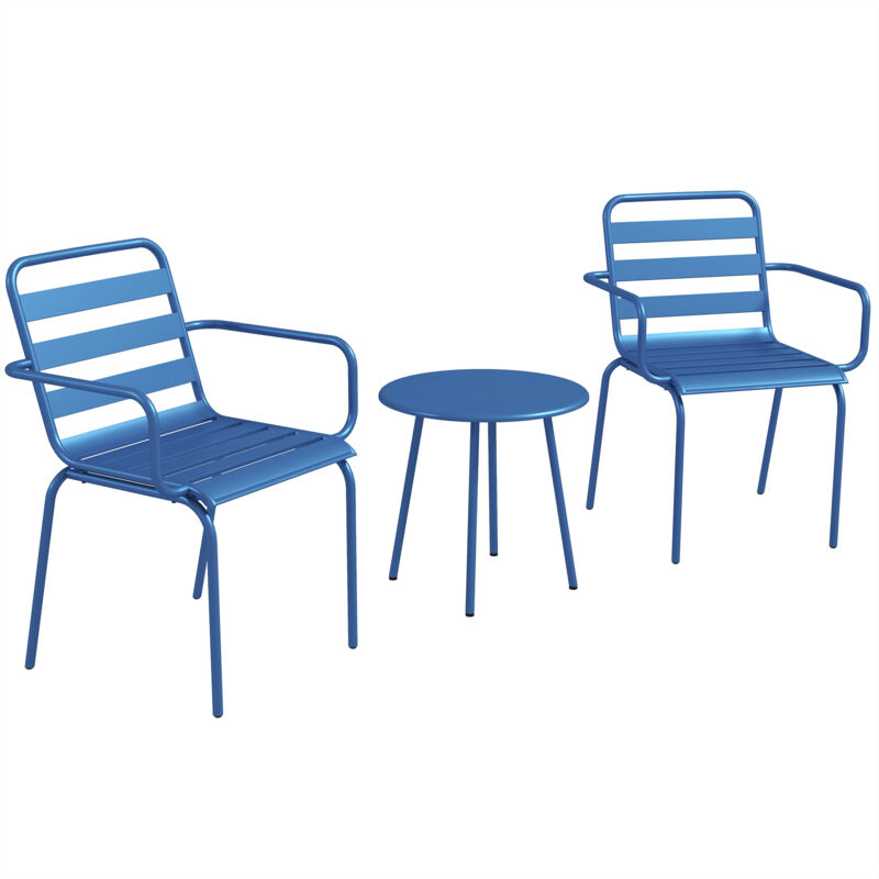 Salon de jardin bistro - table basse ronde ø 60 cm 2 chaises empilables - acier thermolaqué bleu - Bleu