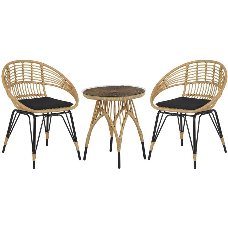 Salon de Jardin Bistrot Table Ronde et 2 Chaises en Rotin et Acier Noir pour Terrasse ou Balcon au Style Modern Boho et Scandinave Beliani