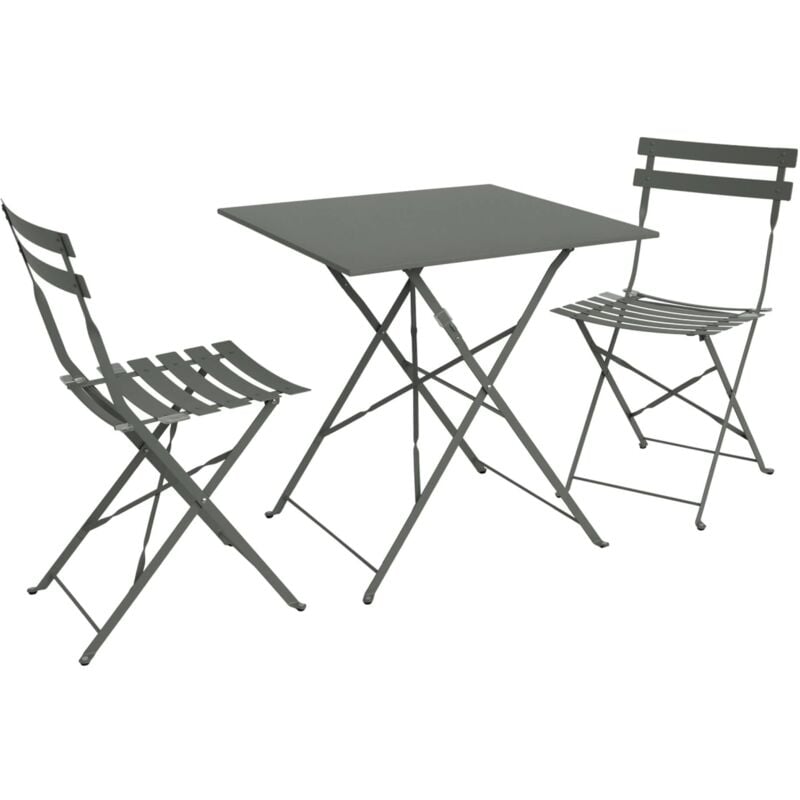Table de jardin bistrot pliante métal + 2 assises kaki 70 x 70cm. acier thermolaqué