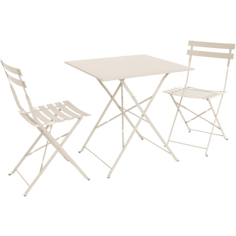 Table de jardin bistrot pliante métal + 2 assises beige 70 x 70cm. acier thermolaqué