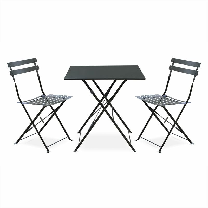 Salon de jardin bistrot pliable Emilia carré avec deux chaises pliantes, acier thermolaqué Anthracite / Anthracite - Anthracite