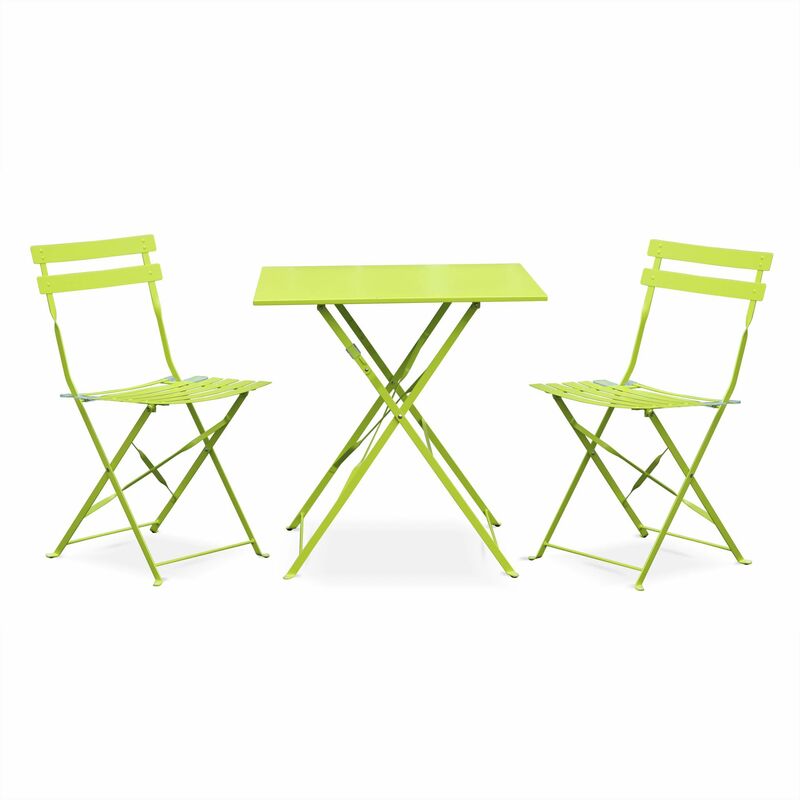 Salon de jardin bistrot pliable - Emilia carré vert anis - Table carrée 70x70cm avec deux chaises pliantes, acier thermolaqué, chaises avec lames