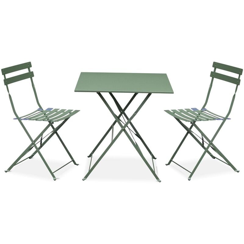 Salon de jardin bistrot pliable - Emilia carré vert de gris - Table 70x70cm avec deux chaises pliantes. acier thermolaqué - Vert de gris