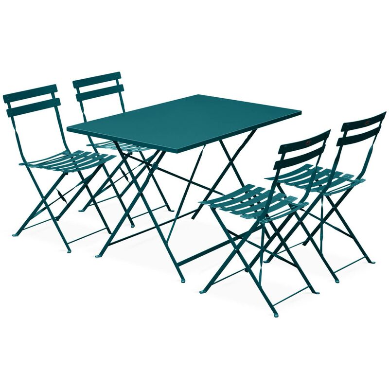 Salon de jardin bistrot pliable - Emilia rectangulaire bleu canard - Table rectangulaire 110x70cm avec quatre chaises pliantes. acier thermolaqué
