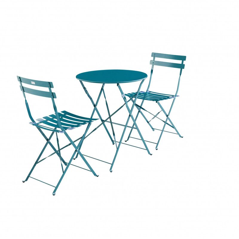 Salon de jardin bistrot pliable - Emilia rond bleu canard - Table ronde Ø60cm avec deux chaises pliantes. acier thermolaqué - Bleu canard