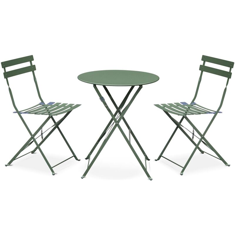 Sweeek - Salon de jardin bistrot pliable - Emilia rond vert de gris - Table Ø60cm avec deux chaises pliantes. acier thermolaqué - Vert de gris
