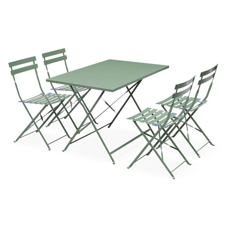 Sweeek - Salon de jardin bistrot pliable - Emilia rectangulaire vert de gris - Table 110x70cm avec quatre chaises pliantes. acier thermolaqué - Vert