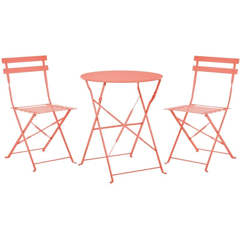 Salon de Jardin Bistrot Table et 2 Chaises en Acier Rouge Corail avec Patins Fiori