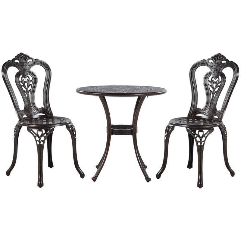 Salon de Jardin Bistrot Table Ronde 65 cm et 2 Chaises en Aluminium Effet Vieilli Marron Foncé pour Balcon ou Terrasse Classique et Vintage Beliani