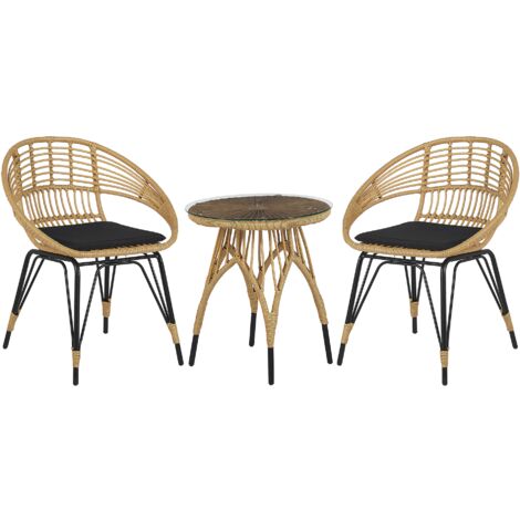 Salon de Jardin Bistrot Table Ronde et 2 Chaises en Rotin et Acier Noir pour Terrasse ou Balcon au Style Modern Boho et Scandinave Beliani - Beige