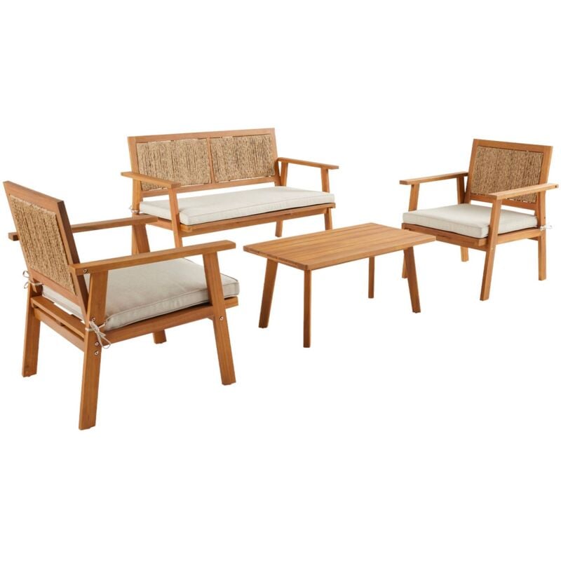 Salon de jardin bois et cannage vertical bohemia 4 places Naturel / Beige