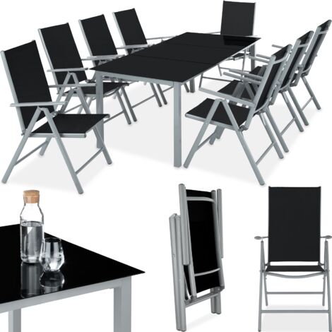 Tectake – Ensemble table et chaises de jardin 8 places – Aluminium revêtu par poudre – Table en verre trempé – Chaises pliantes inclinables