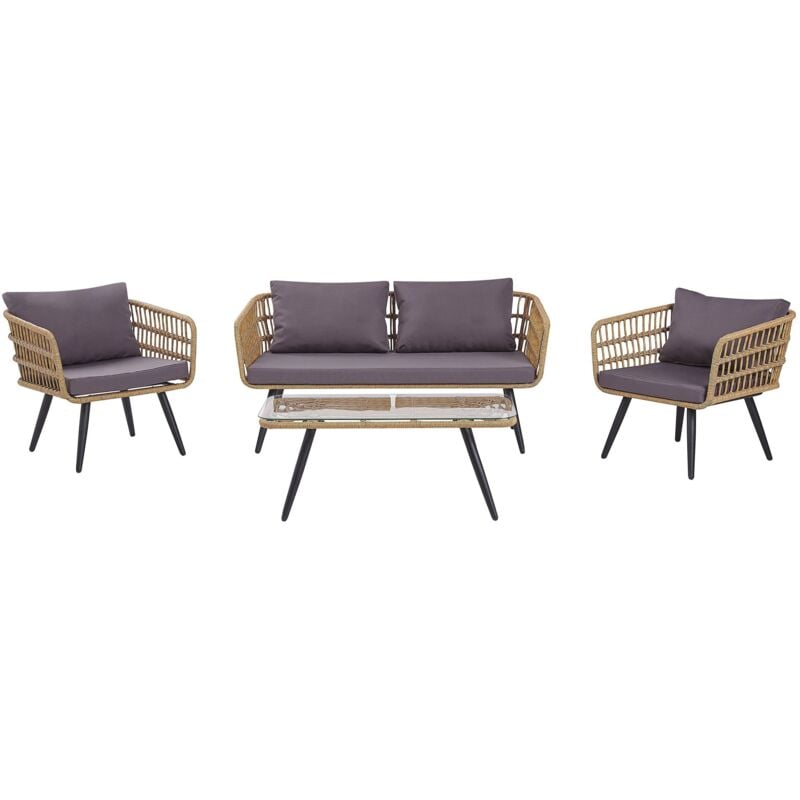 Salon de Jardin Banquette Table Basse et 2 Fauteuils en Rotin Beige avec Coussins Gris Foncé Style Boho Naturel pour Extérieur Tendance Beliani