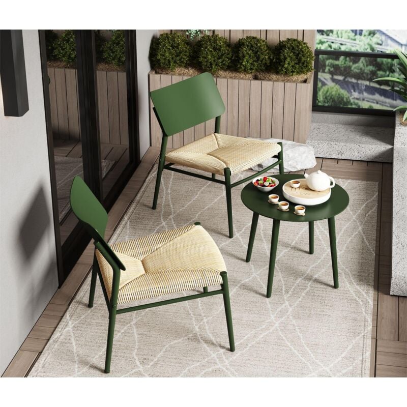 Modernluxe - Salon de jardin en aluminium - 2 fauteuils et une table basse - tapis en rotin pe - Vert