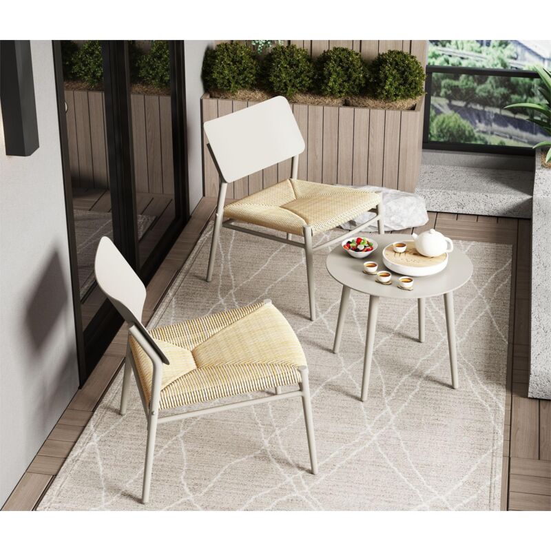 Salon de jardin en aluminium - 2 fauteuils et une table basse - tapis en rotin PE - Blanc