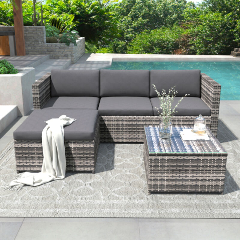 Salon de jardin en résine tressée - Canapé d'angle extérieur avec table