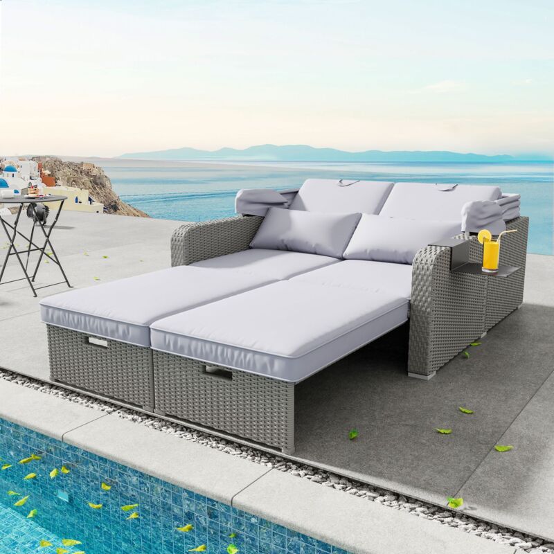 Salon de jardin extensible - Canapé lounge en rotin PE avec auvent réglable - structure en acier - Gris