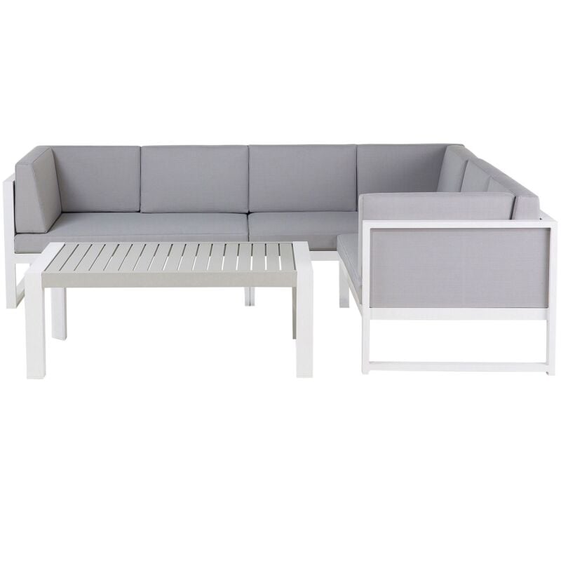 Salon de Jardin 6 Places en Aluminium Gris et Blanc avec Table Basse Moderne Castella