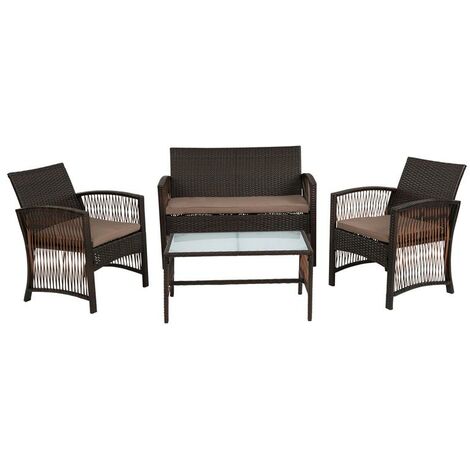 Salon de jardin canapé 2 fauteuils + coussins table en polyrotin marron