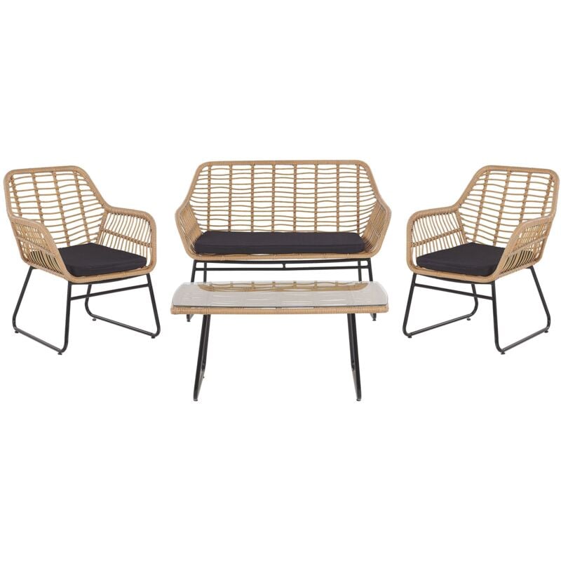 Salon de Jardin 4 Places Banquette Canapé 2 Fauteuils et Table Basse en Rotin Beige et Acier Noir Design Boho Tendance pour Extérieur Beliani