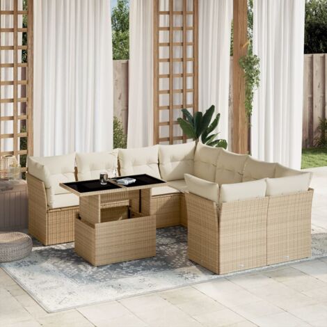 [Salon de Jardin] Canapé 9 Places en Résine Tressée Beige avec Table Réglable et Coussins Détachables