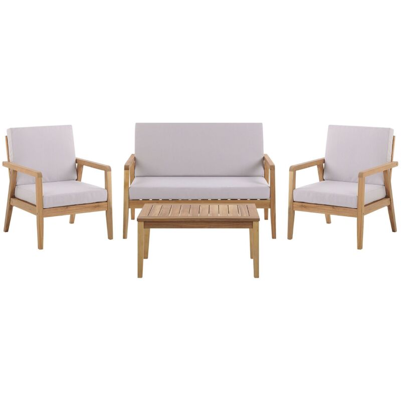 Salon de Jardin Canapé Banquette 2 Fauteuils et Table Basse en Bois d'Acacia avec Coussins Dehoussables Gris Mobilier Elégant et Pratique Beliani