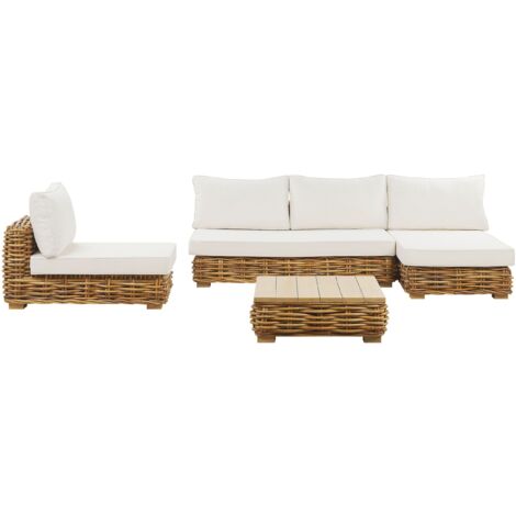 Salon de Jardin Canapé d'angle 3 Places Fauteuil en Rotin Marron avec Coussins Blancs Confortables et Table Basse Assortie pour Terrasse - Blanc
