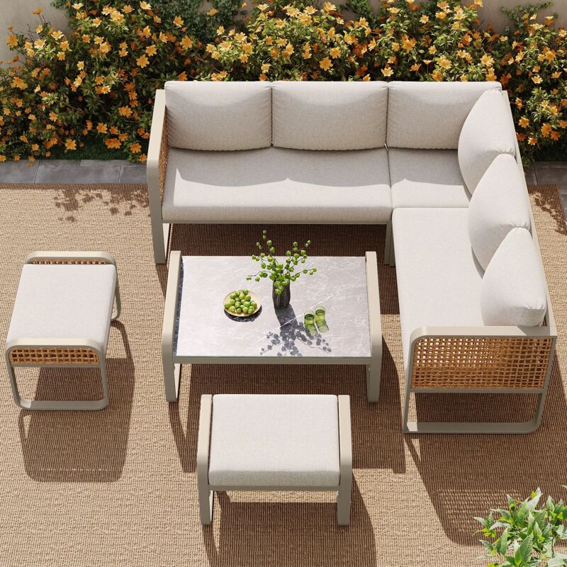 Salon de jardin, Canapé d'angle 6-7 Places,Pieds réglables,Incluant tous les coussins d'assise et de dossier,beige