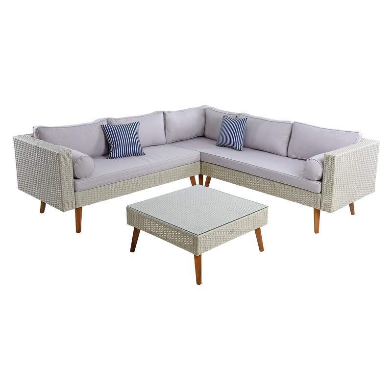 Salon de jardin canapé d'angle avec coussins et table en polyrotin beige
