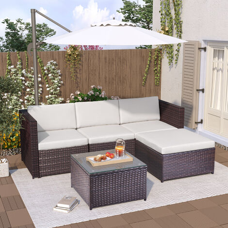 Salon de jardin Canapé d'angle extérieur 4 places avec table basse en résine tressée, brun