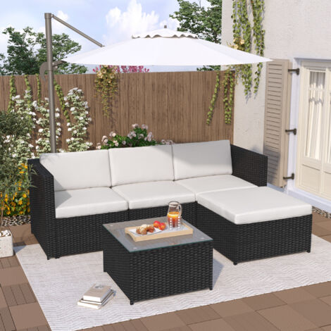 Salon de jardin Canapé d'angle extérieur 4 places avec table basse en résine tressée, noir