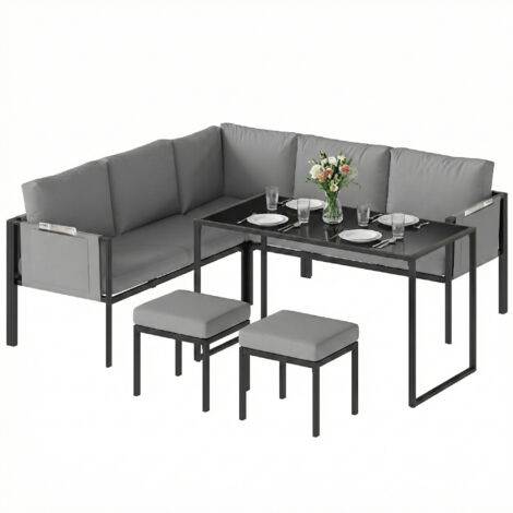 Salon de Jardin Canapé d'Angle Extérieur 6 Pièces Coussins 10cm Table Haute et 2 Repose-pieds Gris