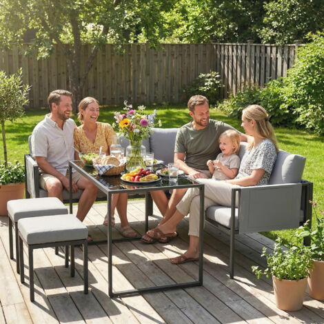 Salon de Jardin Canapé d'Angle Extérieur 6 Pièces Coussins 10cm Table Haute et 2 Repose-pieds Gris