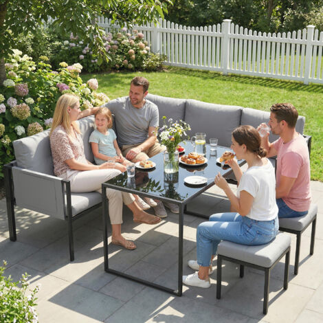 Salon de Jardin Canapé d'Angle Extérieur 6 Pièces Coussins 10cm Table Haute et 2 Repose-pieds Gris