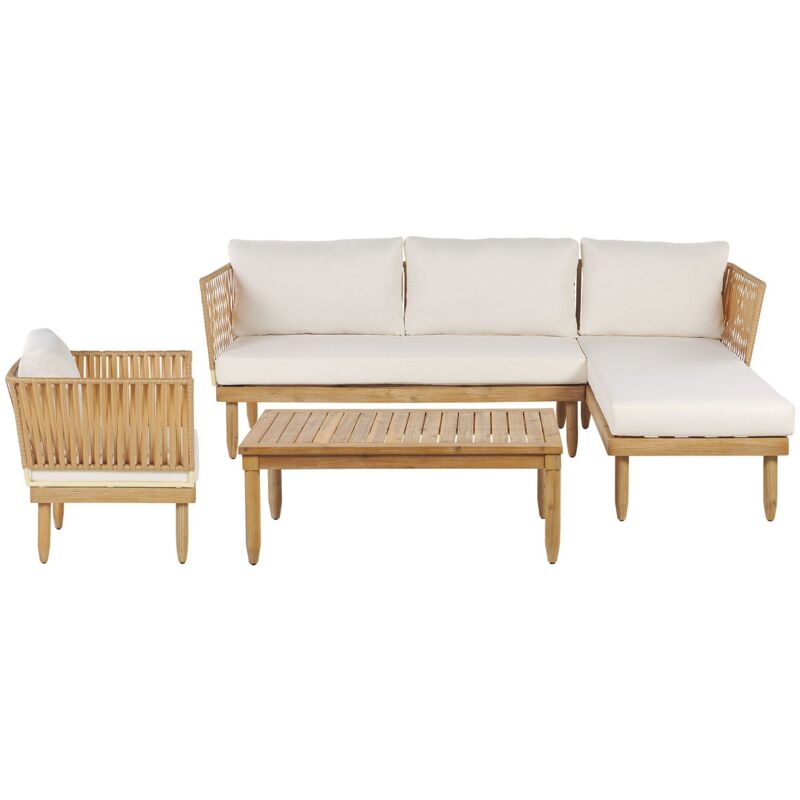 Salon de Jardin Canapé d'Angle Fauteuil et Table Basse en Bois d'Acacia Clair avec Coussins Blancs Idéal pour Extérieur Boho et Moderne Beliani
