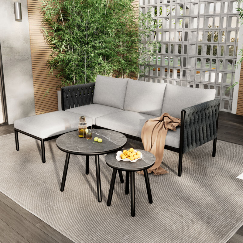 Salon de jardin, canapé d'angle, table basse et repose-pieds, corde tressée épaisse, table en verre finition marbre, gris