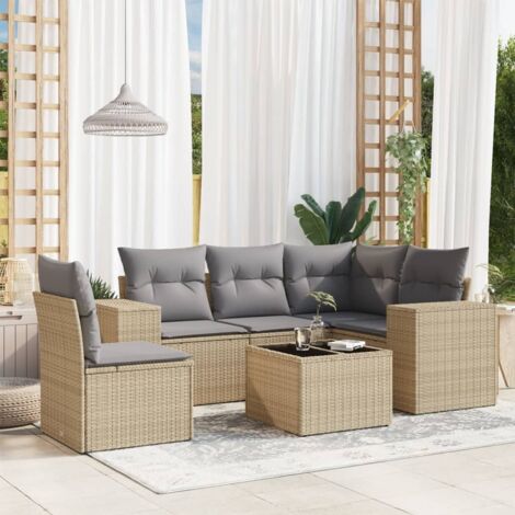 [Salon de Jardin] Canapé Résine Tressée 6 Places avec Coussins Gris - Table Verre Trempé - Stockage Intégré