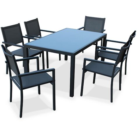 Sweeek – Ensemble salon de jardin 7 pièces – Table 150cm en aluminium avec plateau en verre noir – 6 fauteuils en textilène anthracite – Empilables